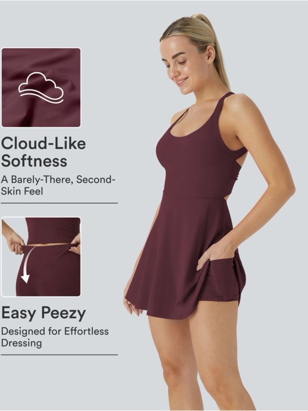 Halara Easy Peezy Cloudful Tennis Dress Wine Built In Shorts Size M - Picture 5 of 8